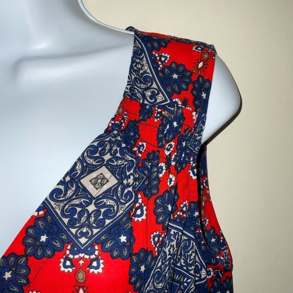 Daniel Rainn M Blouse Red Blue Geometric Lightweight Sleeveless V Neck Plunge - Picture 3 of 6